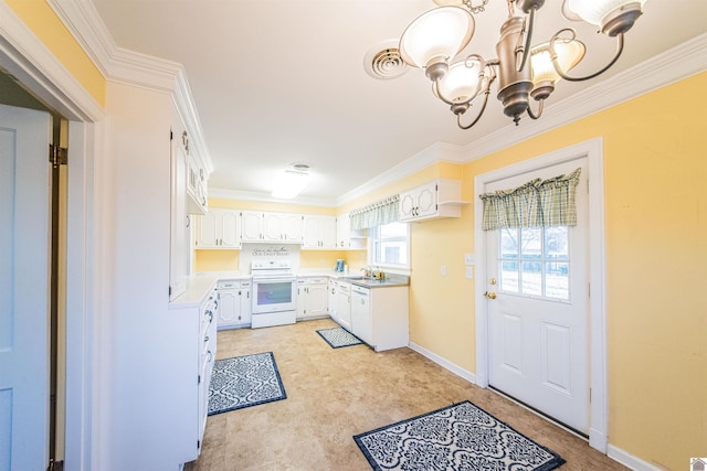 kitchen featuring white cabinets, a notable chandelier, white appliances, and ornamental molding