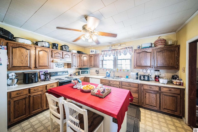 kitchen featuring white appliances, ceiling fan, ornamental molding, and sink