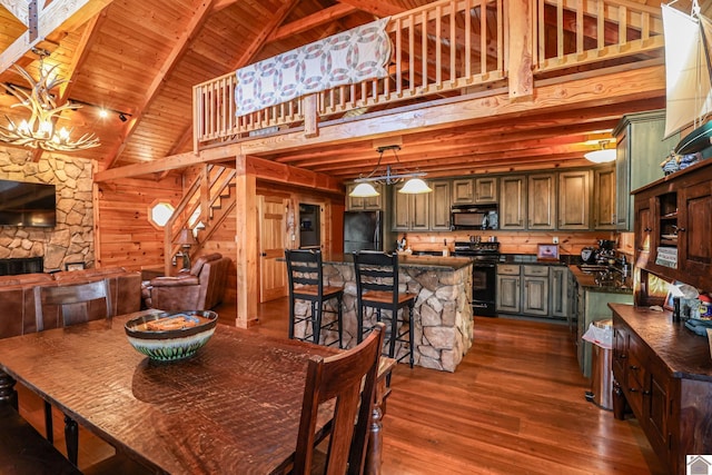 dining area featuring beam ceiling, high vaulted ceiling, dark hardwood / wood-style floors, a chandelier, and wood ceiling