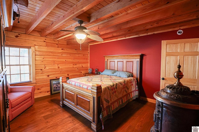 bedroom featuring beamed ceiling, dark hardwood / wood-style flooring, ceiling fan, and wood ceiling