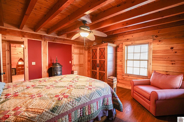 bedroom featuring beam ceiling, ceiling fan, hardwood / wood-style floors, wooden walls, and wood ceiling