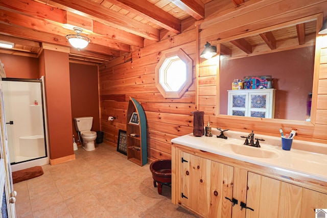 bathroom with wood walls, toilet, beamed ceiling, an enclosed shower, and wood ceiling