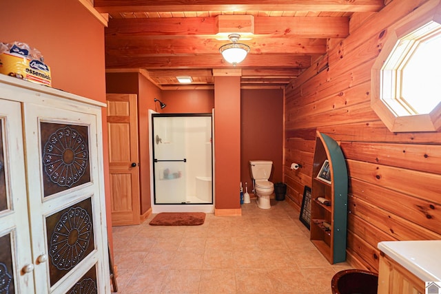 bathroom with beam ceiling, wooden walls, toilet, and wooden ceiling