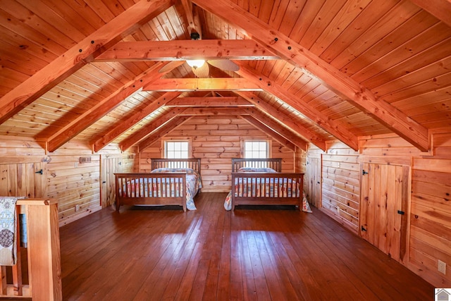 unfurnished bedroom with lofted ceiling with beams, wood walls, and wooden ceiling