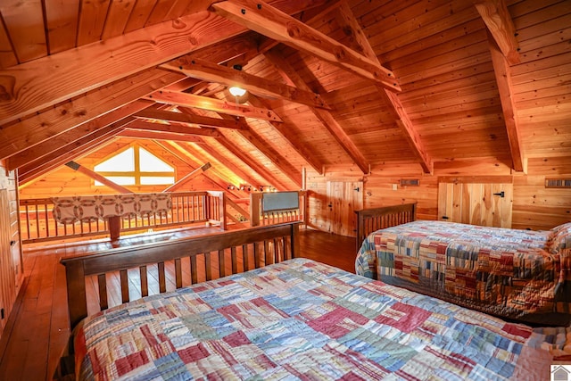 unfurnished bedroom with hardwood / wood-style floors, vaulted ceiling with beams, wood walls, and wooden ceiling