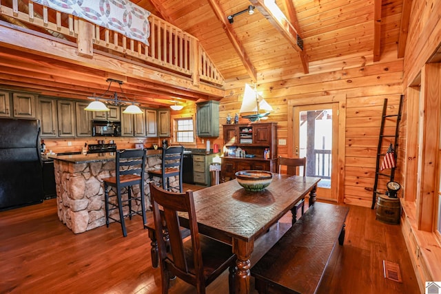 dining space featuring dark wood-type flooring, beamed ceiling, high vaulted ceiling, wooden walls, and wood ceiling