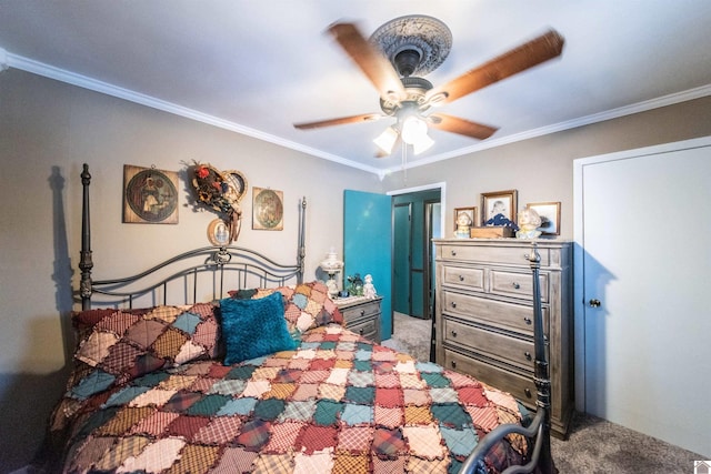 carpeted bedroom featuring ceiling fan and crown molding