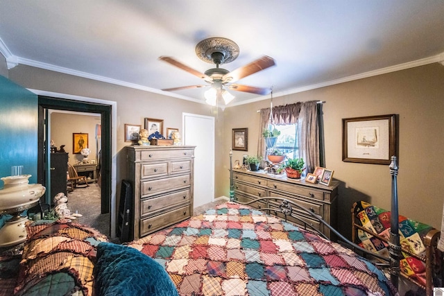 bedroom with carpet flooring, ceiling fan, and crown molding