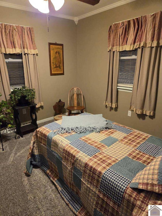 bedroom with crown molding and carpet