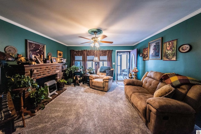 carpeted living room featuring ceiling fan and crown molding