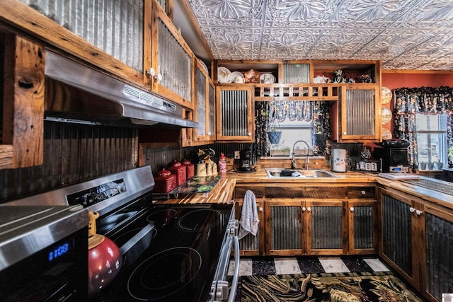 kitchen featuring butcher block counters, sink, and stainless steel electric range oven