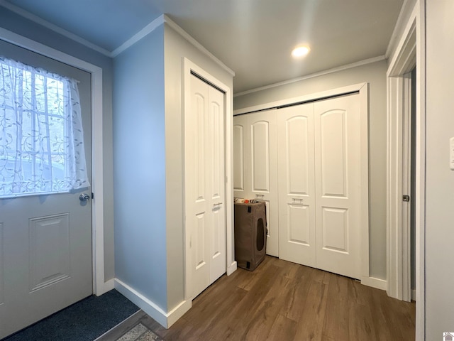 entryway featuring crown molding and dark wood-type flooring