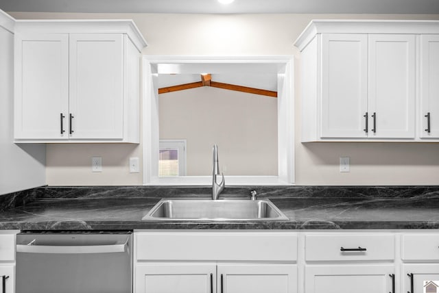 kitchen featuring dishwasher, white cabinetry, and sink