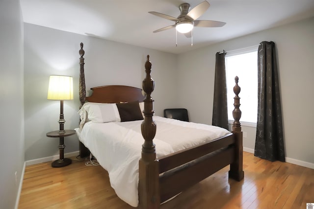 bedroom featuring ceiling fan and light wood-type flooring