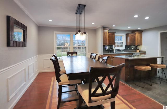 dining area with sink, dark hardwood / wood-style flooring, and ornamental molding