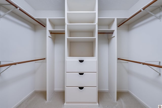 spacious closet featuring light carpet