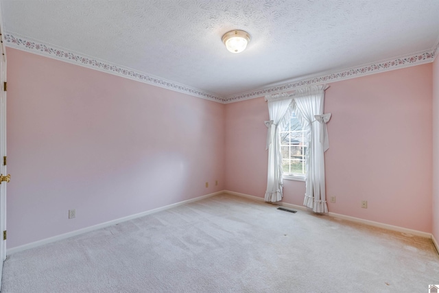 spare room featuring light colored carpet and a textured ceiling