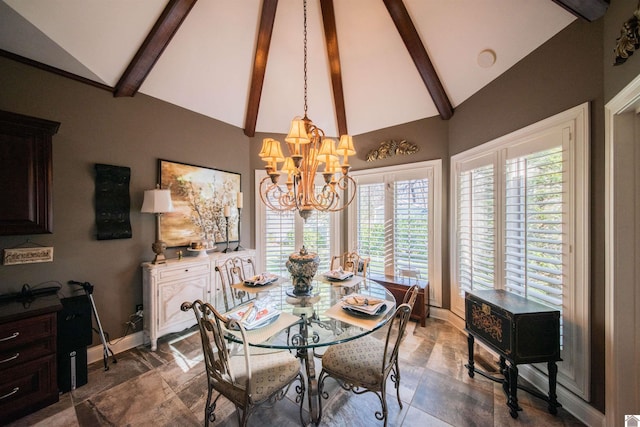 dining area featuring beam ceiling, high vaulted ceiling, and an inviting chandelier