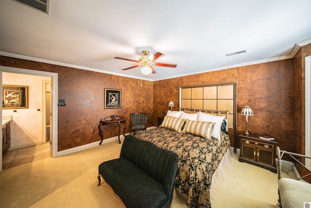 bedroom featuring ceiling fan, ornamental molding, and light carpet