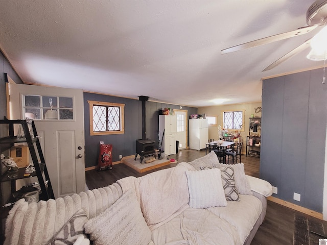 living room with a wood stove, ceiling fan, and dark hardwood / wood-style flooring