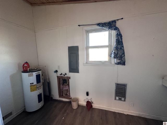 utility room with heating unit, electric panel, and water heater