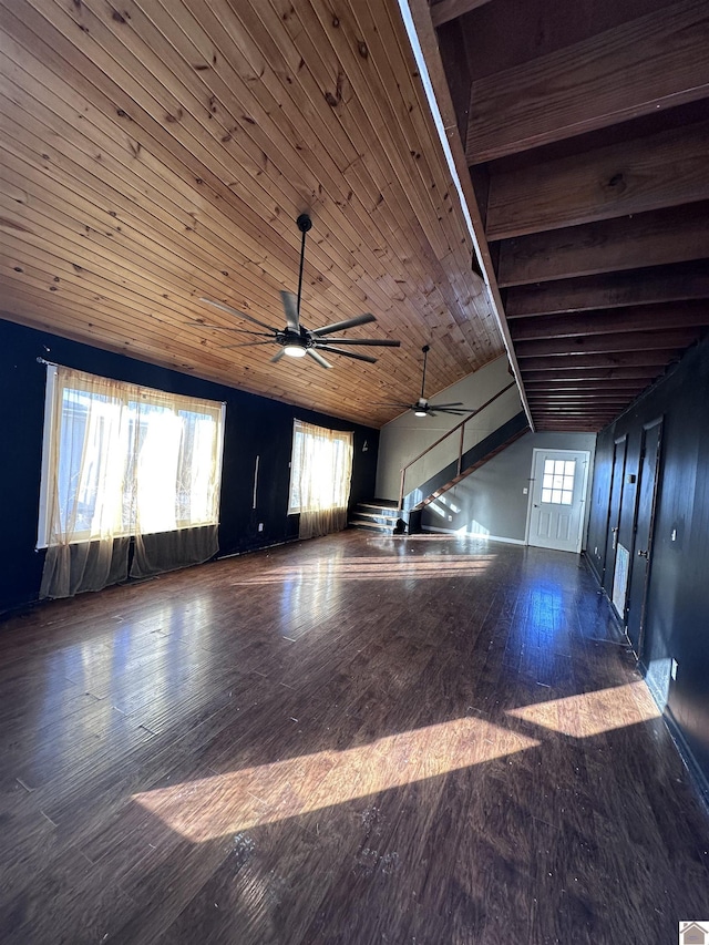 spare room with lofted ceiling, ceiling fan, wood ceiling, and dark hardwood / wood-style floors