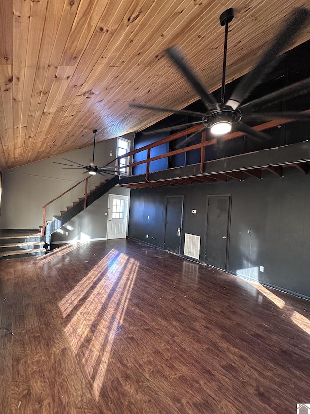 bonus room with wood-type flooring, high vaulted ceiling, ceiling fan, and wooden ceiling