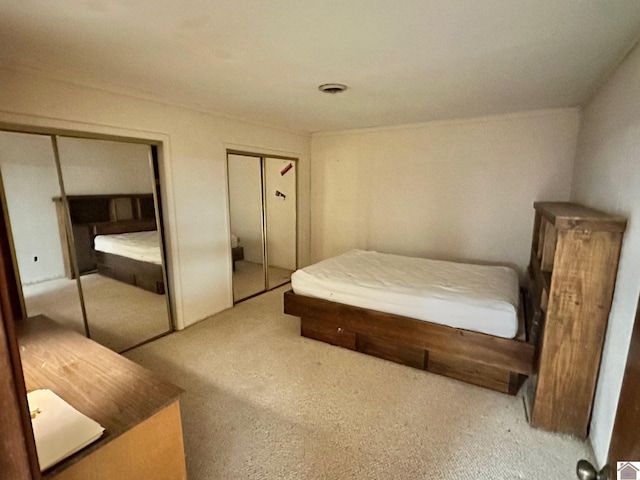 carpeted bedroom featuring two closets