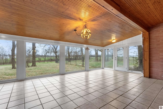 unfurnished sunroom with plenty of natural light and wood ceiling