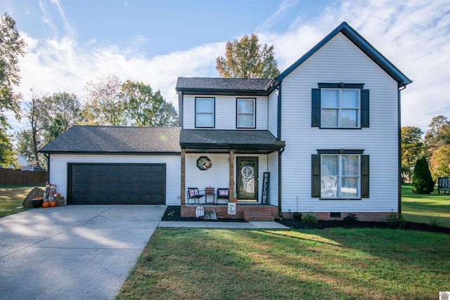 view of front of home featuring a garage, covered porch, and a front lawn