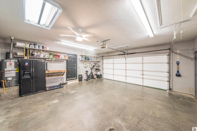 garage featuring black fridge with ice dispenser, gas water heater, a garage door opener, and ceiling fan