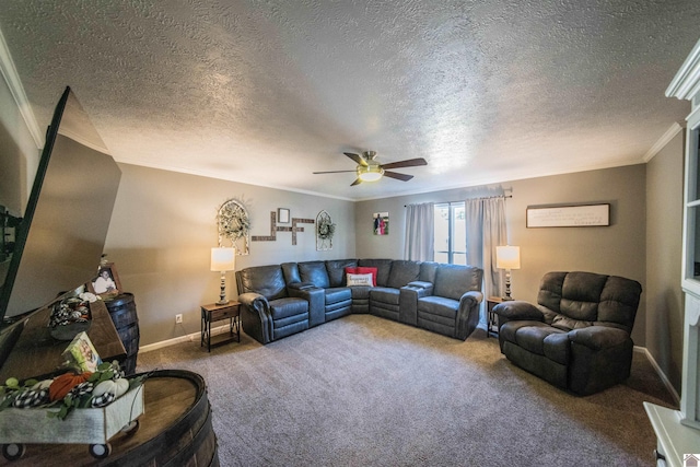 living room featuring a textured ceiling, ceiling fan, carpet floors, and ornamental molding