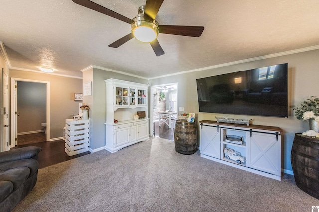 living room featuring ceiling fan, crown molding, carpet floors, and a textured ceiling