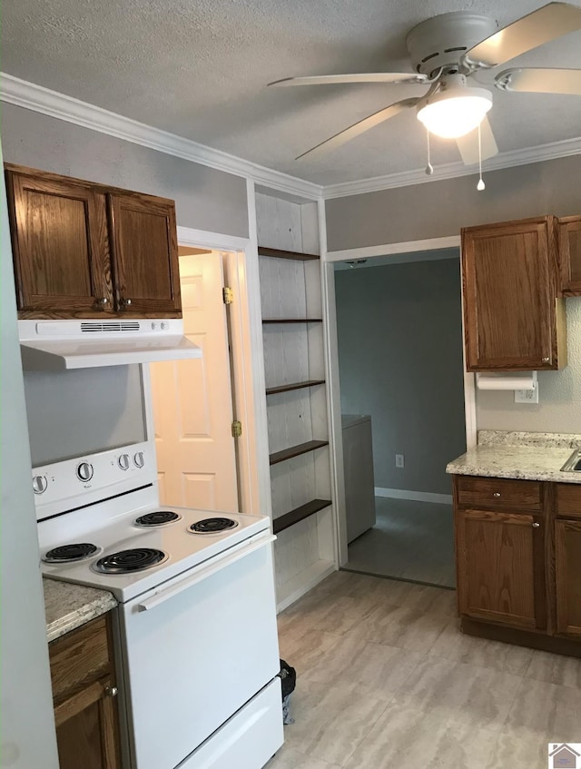 kitchen featuring ceiling fan, light stone countertops, white range with electric stovetop, a textured ceiling, and ornamental molding