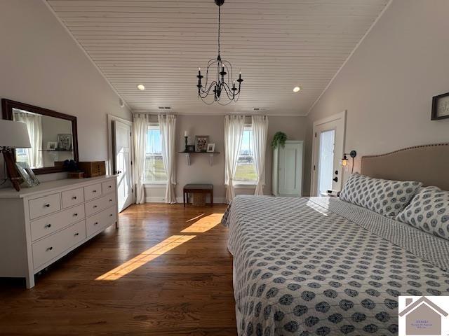 bedroom featuring dark wood-type flooring, an inviting chandelier, wooden ceiling, and lofted ceiling