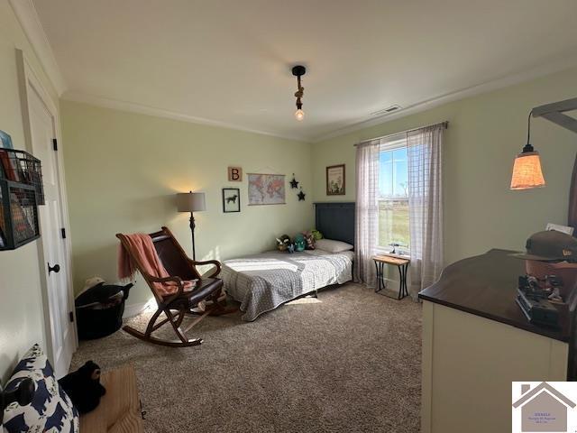 carpeted bedroom featuring crown molding