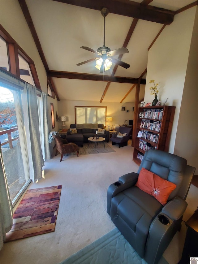 carpeted living room with ceiling fan and vaulted ceiling with beams