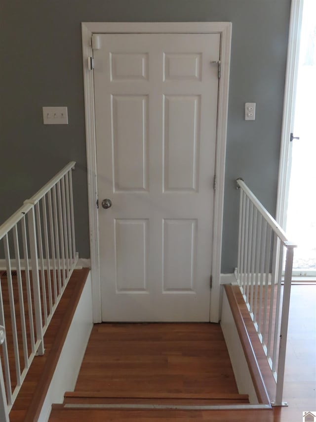 staircase featuring hardwood / wood-style flooring