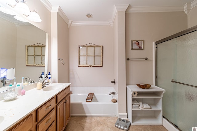 bathroom featuring shower with separate bathtub, crown molding, vanity, and tile patterned flooring