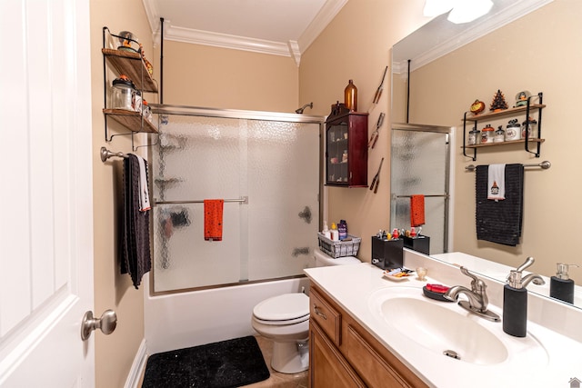 full bathroom with toilet, vanity, tile patterned flooring, ornamental molding, and shower / bath combination with glass door