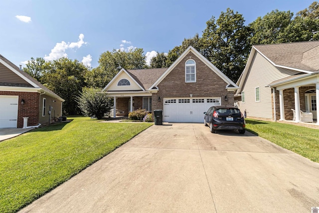 view of front property featuring a garage, a front lawn, and a porch