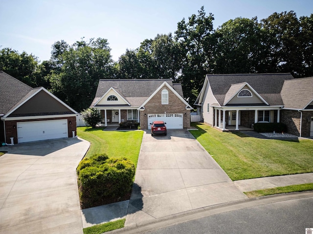 view of front of house with a garage, a front yard, and a porch