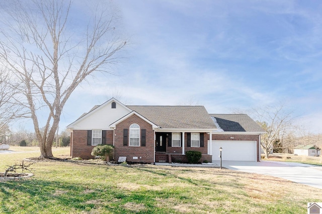 view of front of home featuring a front yard, covered porch, and a garage