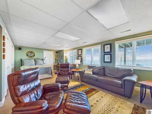 carpeted living room featuring a drop ceiling