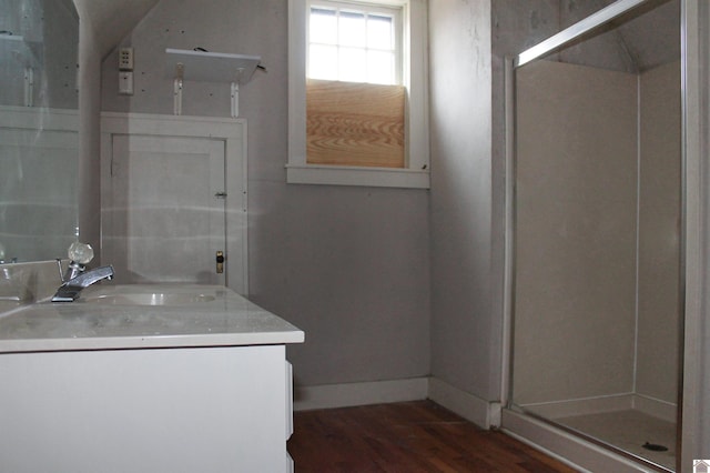 bathroom with wood-type flooring and vanity