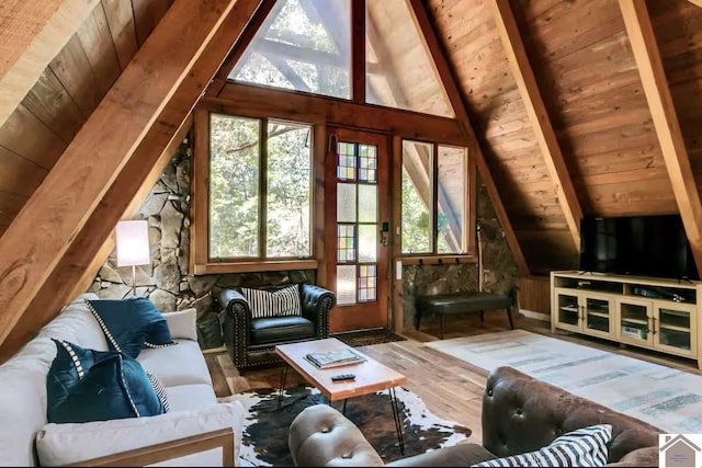 living room featuring lofted ceiling with beams, hardwood / wood-style flooring, and wooden ceiling