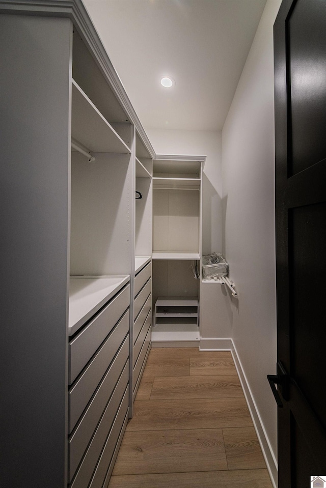 spacious closet featuring light hardwood / wood-style flooring