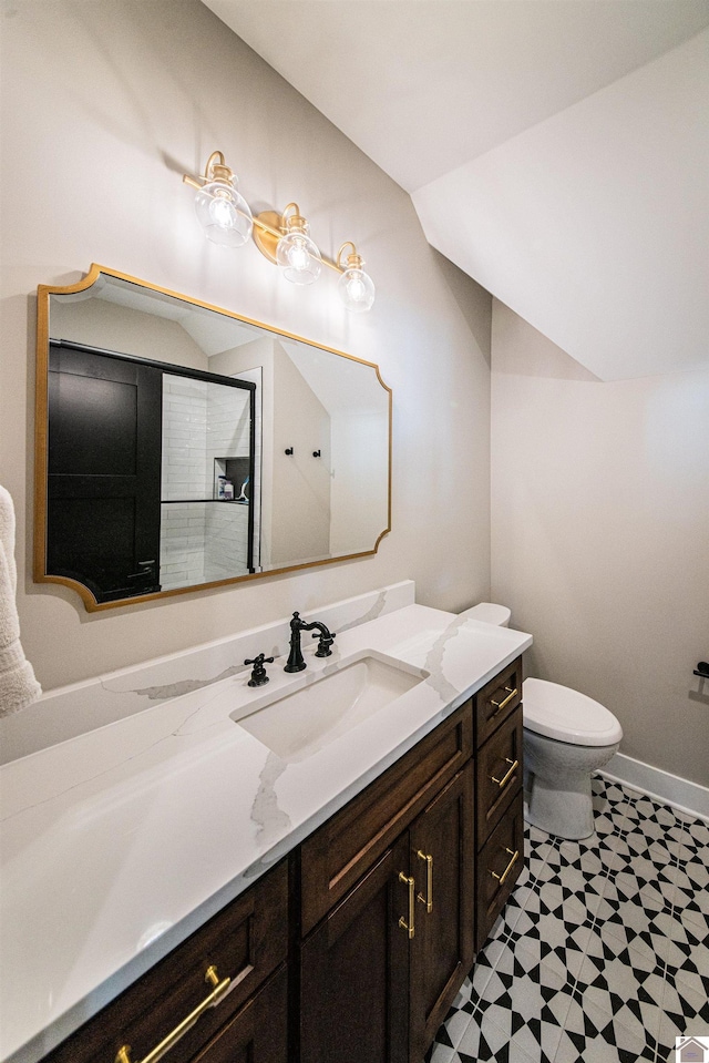 bathroom featuring toilet, vanity, and walk in shower