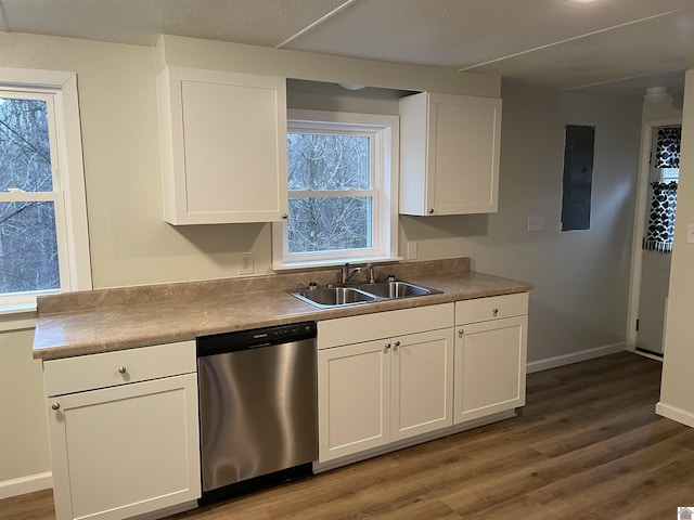 kitchen featuring plenty of natural light, white cabinets, stainless steel dishwasher, and sink