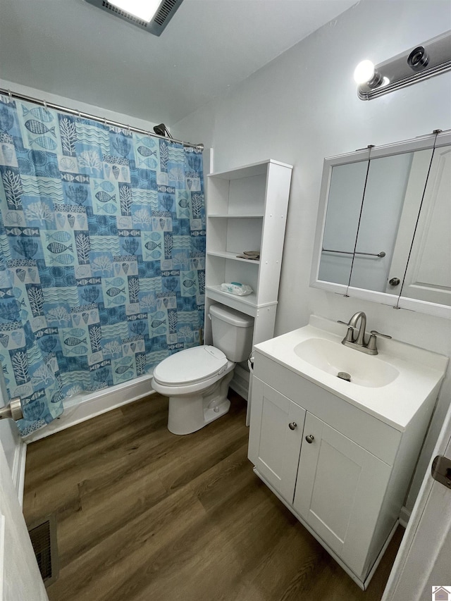 bathroom featuring toilet, vanity, and wood-type flooring